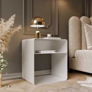 Stolik nocny z dodatkowa otwarta półka, metalowy, zaokrąglone rogi, biała. Showroom