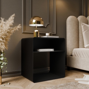 Stolik nocny z dodatkowa otwarta półka, metalowy, zaokrąglone rogi, czarna. Showroom