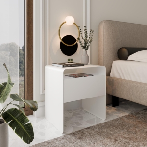 Stolik nocny biały, metalowy, zaokrąglone rogi, front szuflady biały. Showroom