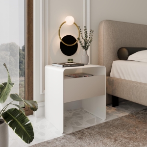 Stolik nocny biały, metalowy, zaokrąglone rogi, front szuflady Kaszmir. Showroom