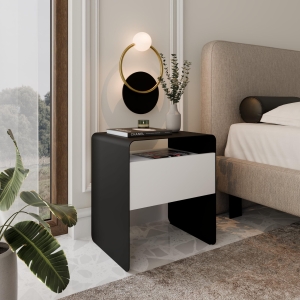 Stolik nocny czarny, metalowy, zaokrąglone rogi, front szuflady biały. Showroom