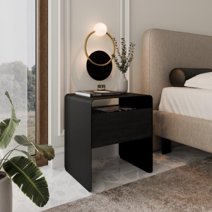 Stolik nocny czarny, metalowy, zaokrąglone rogi, front szuflady czarny. Showroom