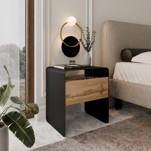 Stolik nocny czarny, metalowy, zaokrąglone rogi, front szuflady dąb Wotan. Showroom