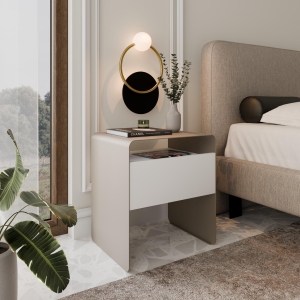 Stolik nocny kaszmir, metalowy, zaokrąglone rogi, front szuflady bialy. Showroom