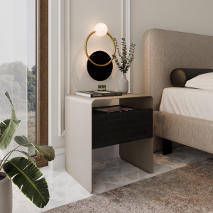 Stolik nocny kaszmir, metalowy, zaokrąglone rogi, front szuflady czarny. Showroom