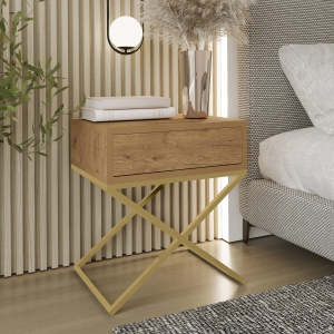 Stolik nocny, stelaż X zloty, góra z szuflada dąb Wotan. Showroom