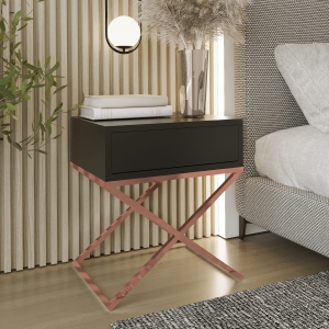 Stolik nocny, stelaż X miedź, góra z szuflada czarna. Showroom
