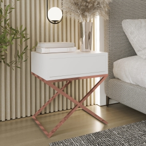 Stolik nocny, stelaż X miedź, góra z szufladą biała . Showroom