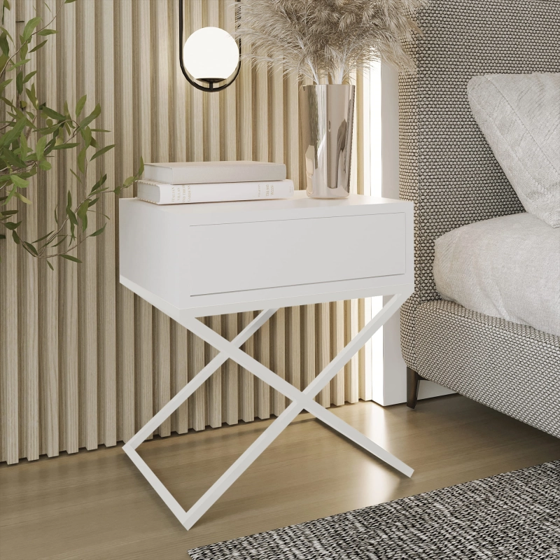 Stolik nocny, stelaż X bialy, góra z szuflada biała. Showroom
