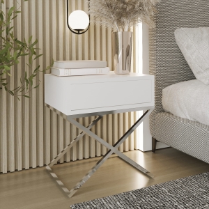 Stolik nocny, stelaż X chrom, góra z szuflada biała. Showroom