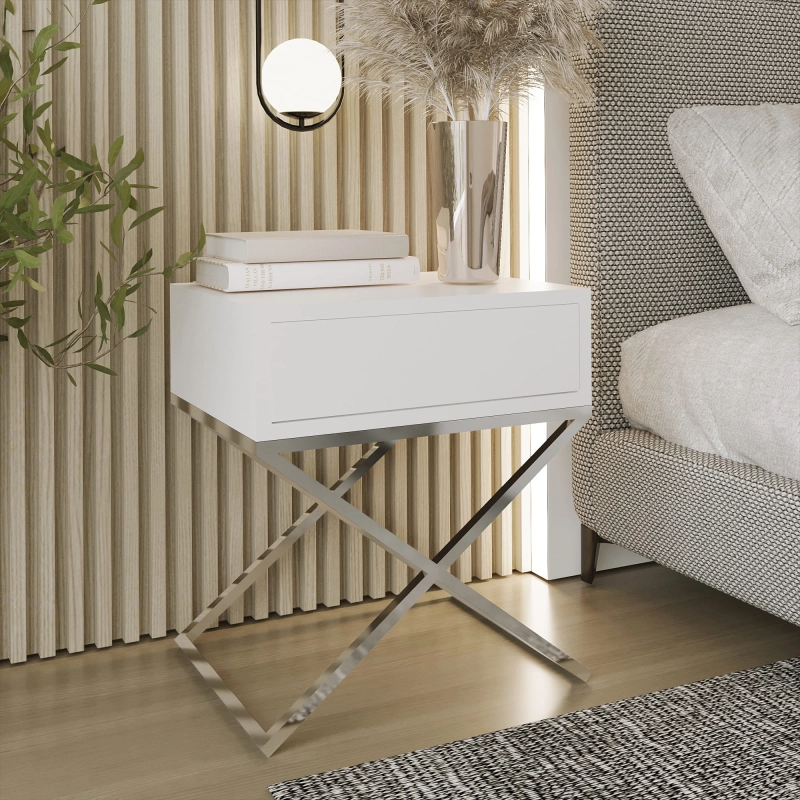 Stolik nocny, stelaż X chrom, góra z szuflada biała. Showroom