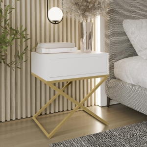 Stolik nocny, stelaż X zloty, góra z szuflada biała. Showroom