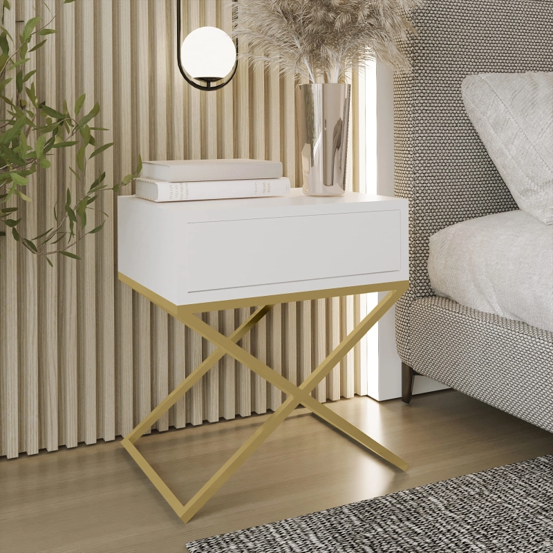Stolik nocny, stelaż X zloty, góra z szuflada biała. Showroom