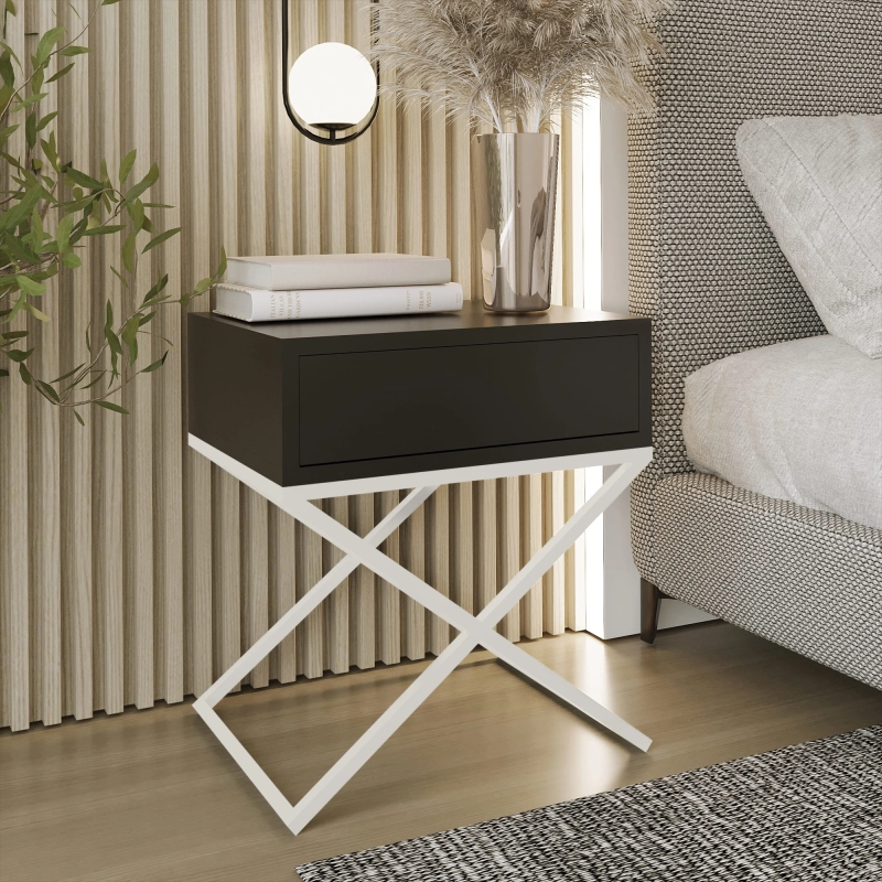 Stolik nocny, stelaż X bialy, góra z szuflada czarna. Showroom