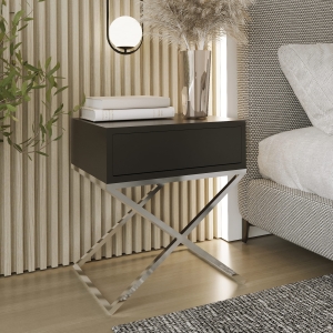 Stolik nocny, stelaż X chrom, góra z szuflada czarna. Showroom