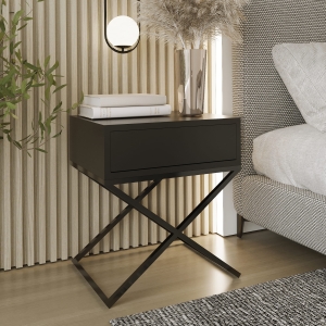 Stolik nocny, stelaż X czarny, góra z szuflada. Showroom