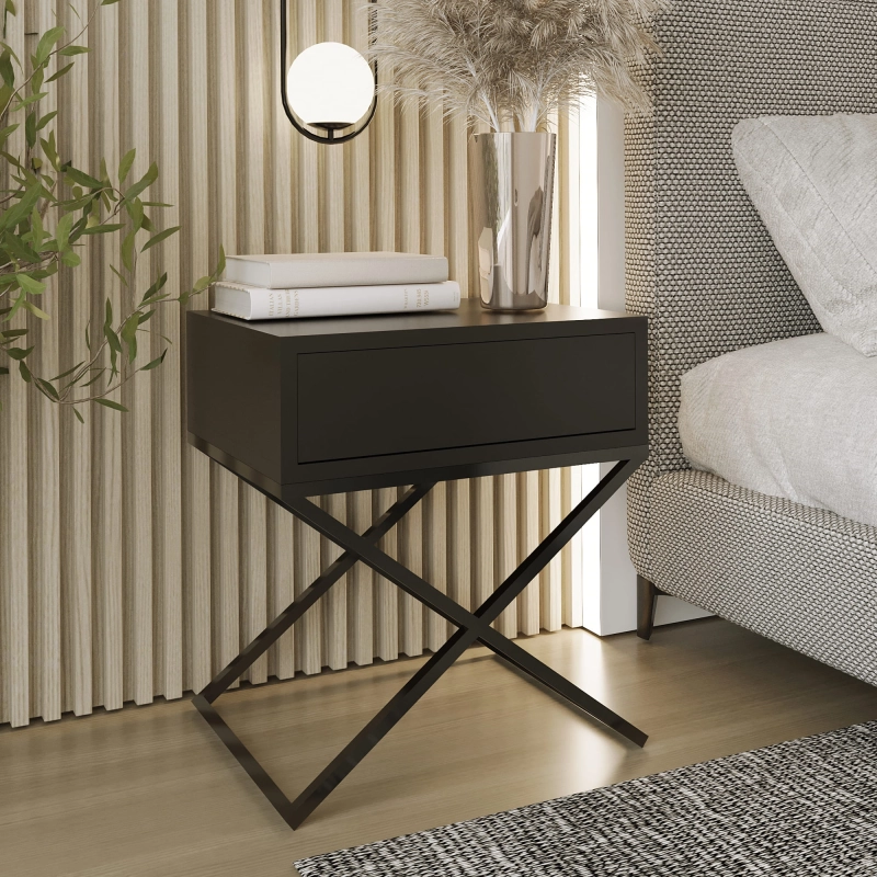 Stolik nocny, stelaż X czarny, góra z szuflada. Showroom