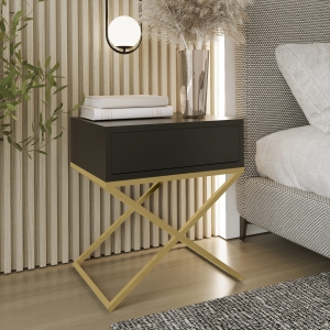 Stolik nocny, stelaż X złoty, góra z szuflada czarna. Showroom