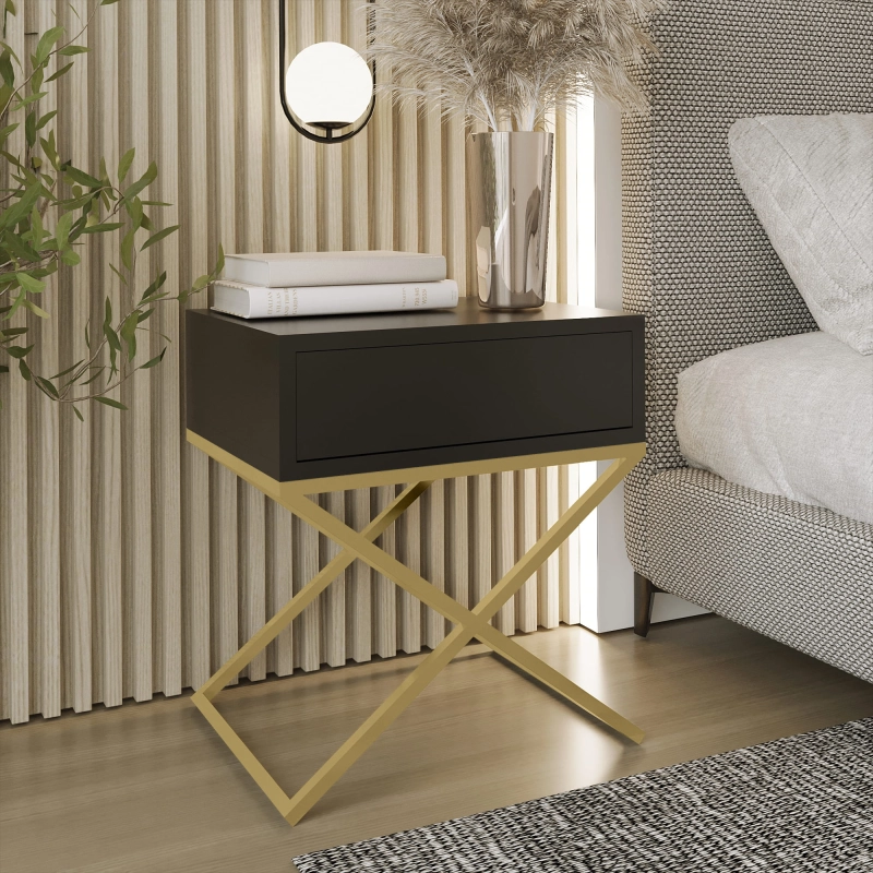 Stolik nocny, stelaż X złoty, góra z szuflada czarna. Showroom