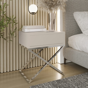 Stolik nocny, stelaż X chrom, góra z szuflada Kaszmir. Showroom