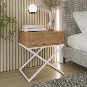 Stolik nocny, stelaż X bialy, góra z szuflada dąb Wotan. Showroom