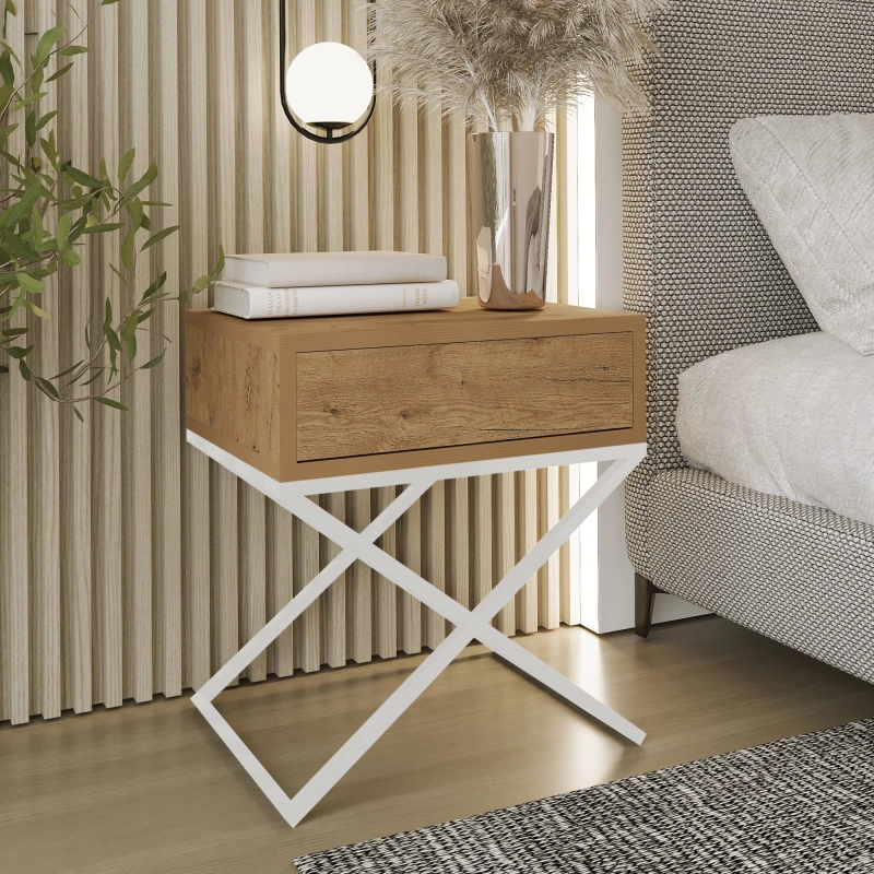 Stolik nocny, stelaż X bialy, góra z szuflada dąb Wotan. Showroom