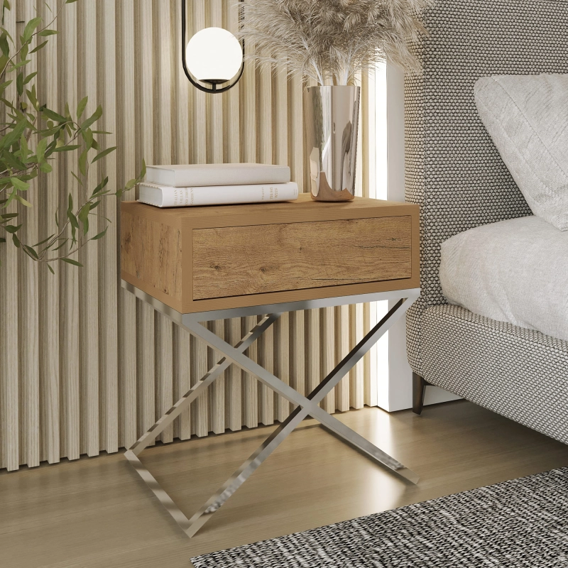 Stolik nocny, stelaż X chrom, góra z szuflada dąb Wotan. Showroom