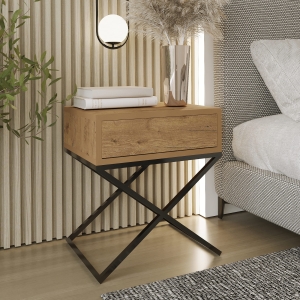Stolik nocny, stelaż X czarny, góra z szuflada dąb Wotan. Showroom