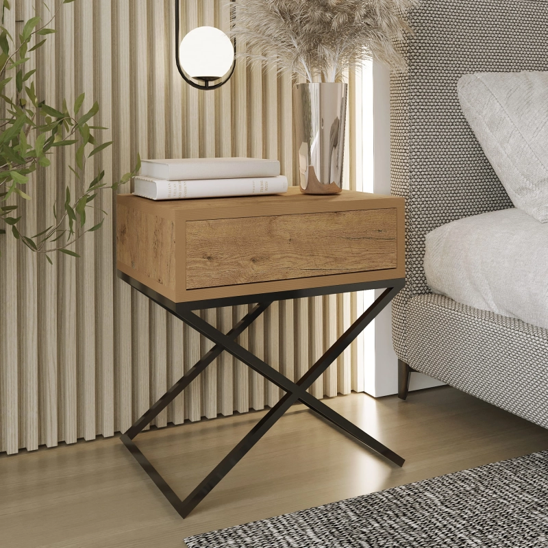Stolik nocny, stelaż X czarny, góra z szuflada dąb Wotan. Showroom