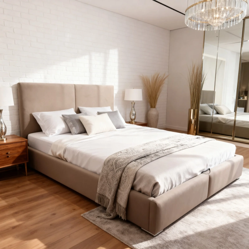 Łóżko tapicerowane, kolor beż, tkanina gładka. Showroom