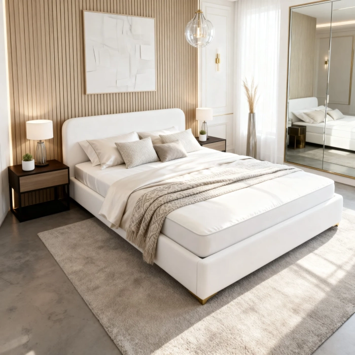 Łóżko tapicerowane z miejscem na pościel, kolor biały, tkanina boucle. Showroom