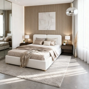 Łóżko tapicerowane z miejscem na pościel, kolor biały, tkanina boucle. Showroom