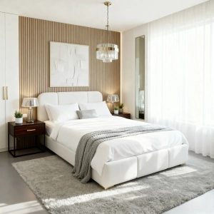 Łóżko tapicerowane z miejscem na pościel, kolor biały, tkanina gładka. Showroom