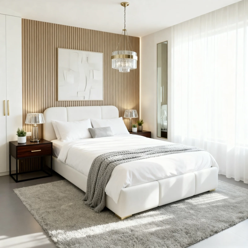 Łóżko tapicerowane z miejscem na pościel, kolor biały, tkanina gładka. Showroom