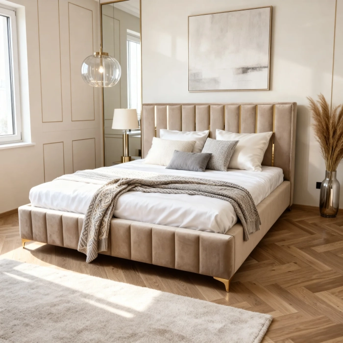 Łóżko tapicerowane ze złotymi dodatkami, kolor beż, tkanina gładka. Showroom