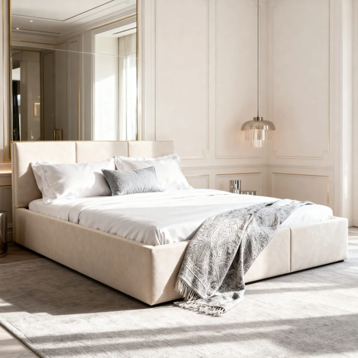 Łóżko tapicerowane, kolor ecru, tkanina gładka. Showroom