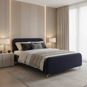 Łóżko tapicerowane na nóżkach typu kotwica 10cm, tkanina boucle, kolor przygaszony granat. Showroom