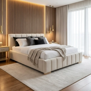 Łóżko tapicerowane na drewnianych nóżkach, kolor kremowy, tkanina gładka. Showroom