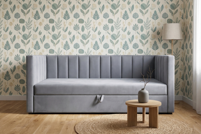 Łóżko dziecięce z miejscem na posciel, kolor szary. showroom
