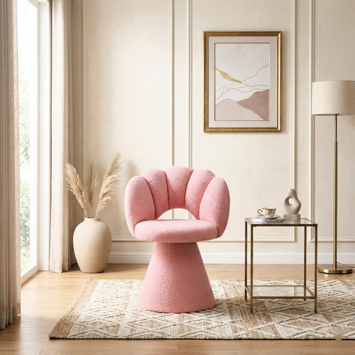 Fotel obrotowy z wyciętym tyłem, oparcie w kształcie muszli, podstawa stożek. Tkanina boucle, kolor różowy. Showroom
