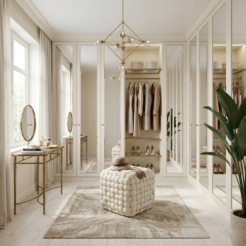 Pufa kostka, pleciona, tkanina welur, kolor jasny beż. Showroom
