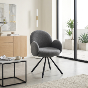 Miękkie krzesło obrotowe, tkanina boucle, kolor szary, nogi czarne. Showroom