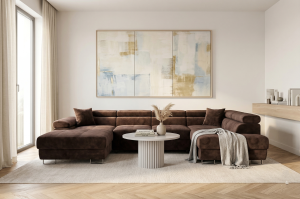 Narożnik w kształcie litery U, krótszy bok. Odcień brązu, tkanina Monolith 09. Showroom