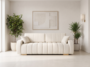 Kanapa z funkcją spania, tkanina boucle, kolor odcień beżu. Showroom