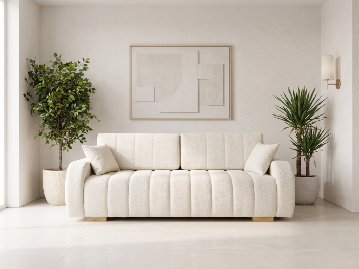 Kanapa z funkcją spania, tkanina boucle, kolor odcień beżu. Showroom