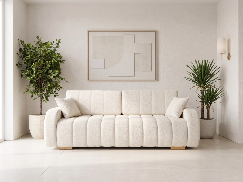 Kanapa z funkcją spania, tkanina boucle, kolor odcień beżu. Showroom