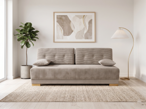 Kanapa z funkcją spania bez podłokietników, tkanina typu sztruks, odcień beżu. Showroom