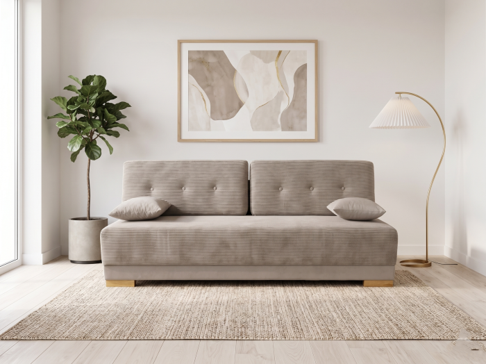 Kanapa z funkcją spania bez podłokietników, tkanina typu sztruks, odcień beżu. Showroom
