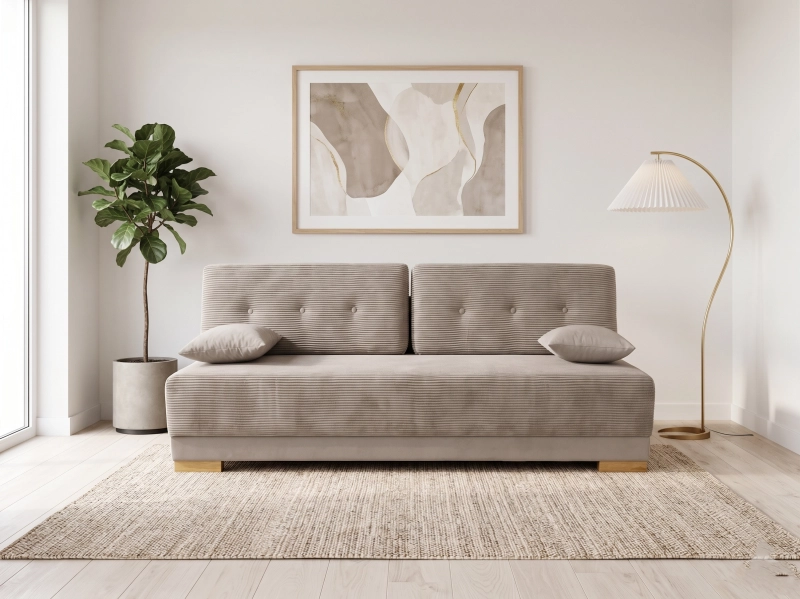 Kanapa z funkcją spania bez podłokietników, tkanina typu sztruks, odcień beżu. Showroom