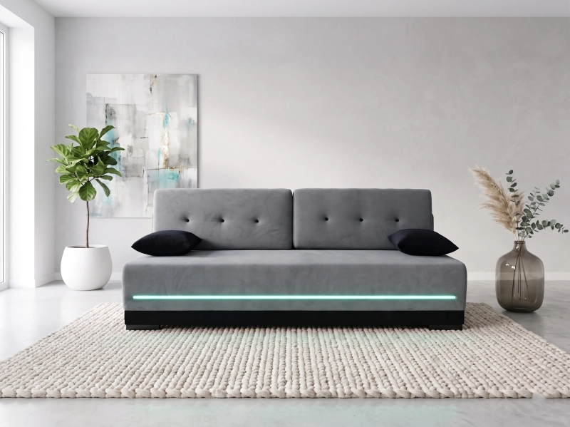 Kanapa z funkcją spania, dodatkowo pasek LED. Kanapa bez boczków. Tkanina gładka, odcień szary. Showroom